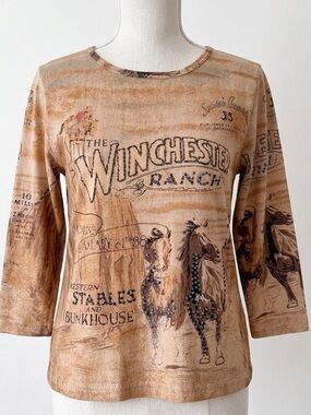 Vintage 90s Winchester Ranch Horse Graphic Sequin Embellished Graphic Top Sz S